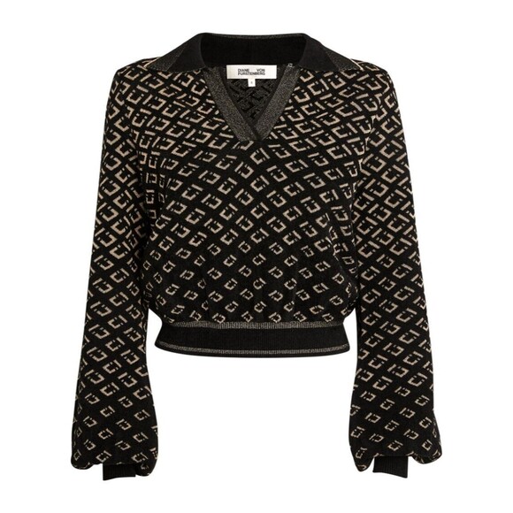 Diane Von Furstenberg Black Gold Blouson Sleeved Collared V-neck Sweater XS - Picture 1 of 14